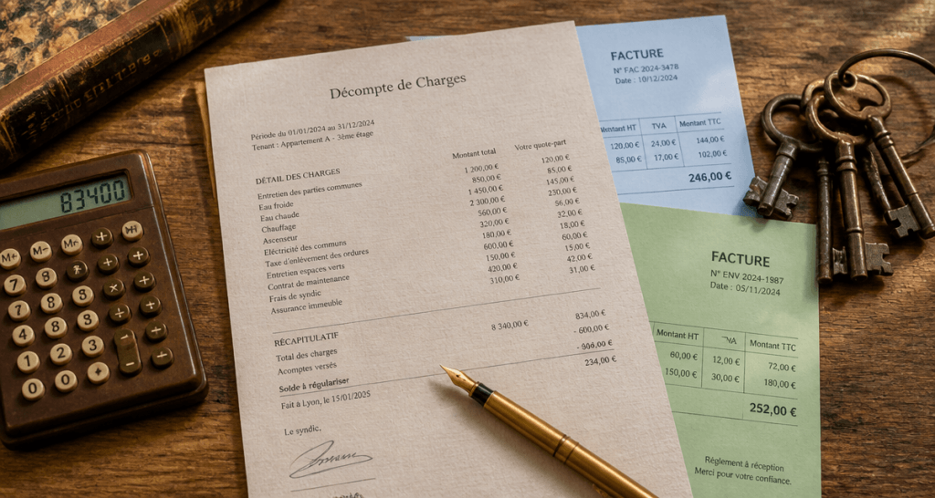 décomptes de charges locatives sur bureau avec factures et clefs