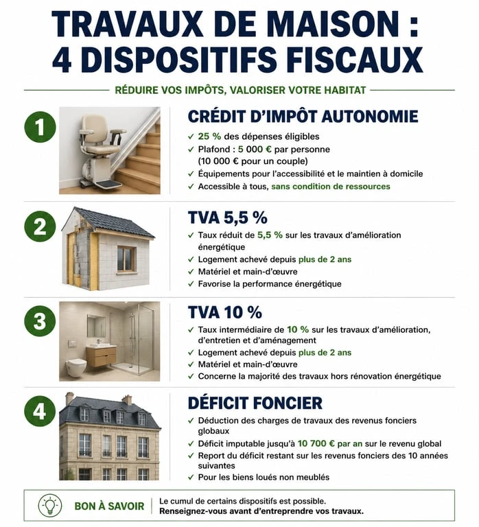 Infographie des dispositifs fiscaux pour travaux maison et rénovation énergétique