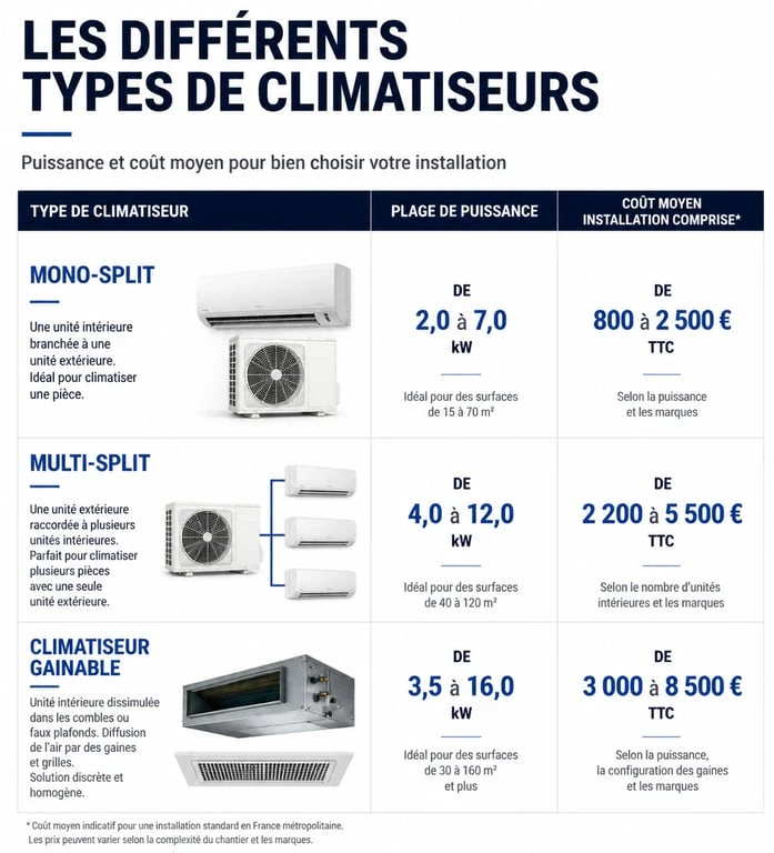Infographie comparative des systèmes de climatisation pour appartement : types, puissance et budget