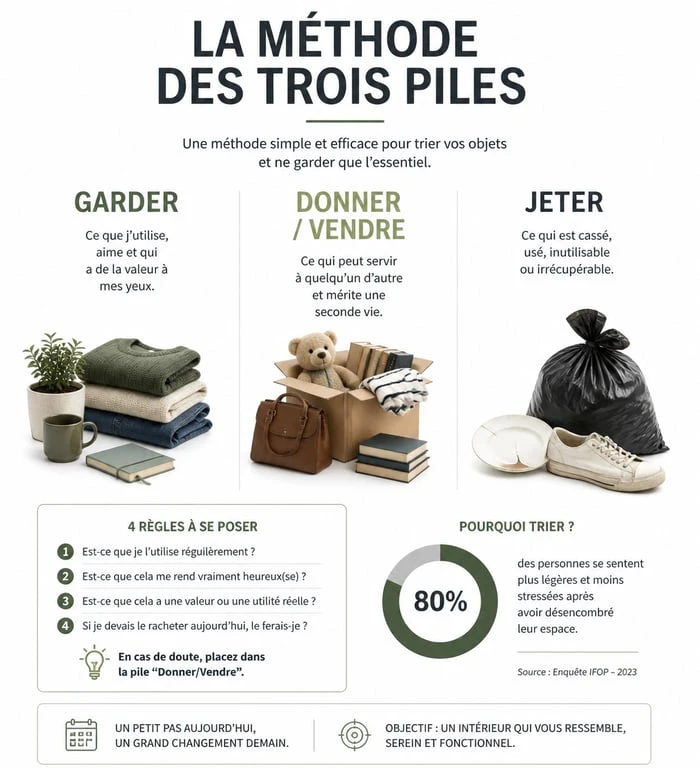 Infographie méthode des trois piles pour vider une maison