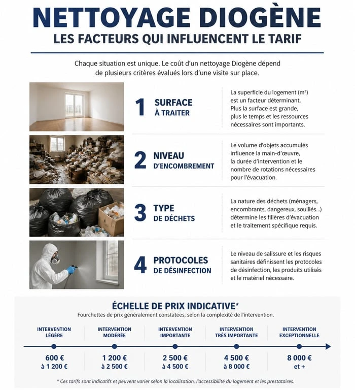 Infographie des facteurs influençant le tarif de nettoyage syndrome de Diogène
