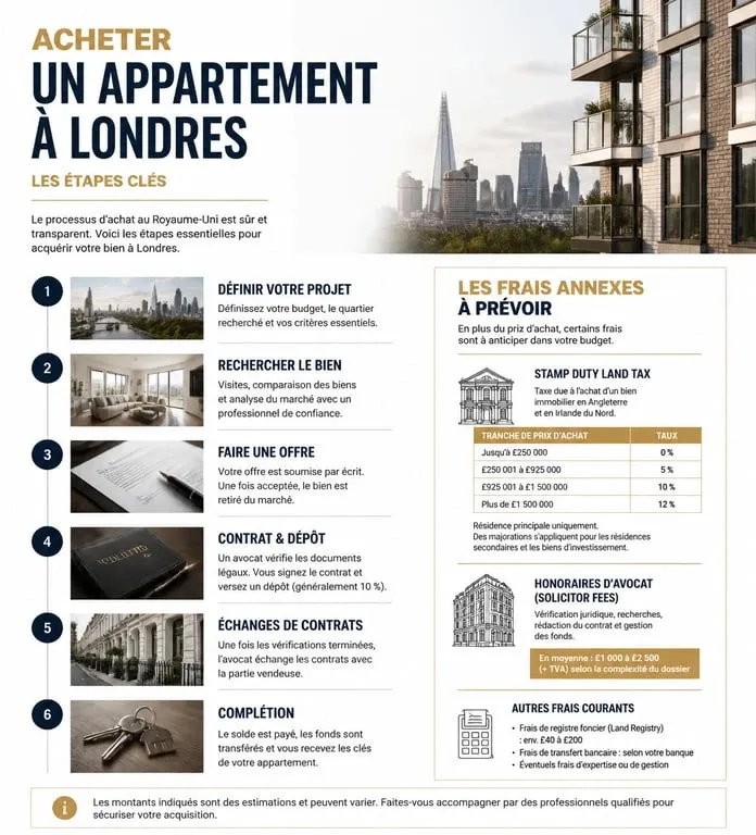 Infographie des étapes et coûts pour un achat d'appartement à Londres