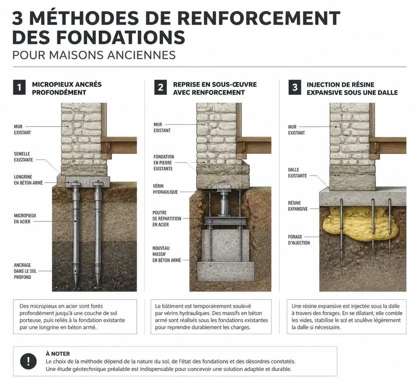 Schéma technique des méthodes de renforcement de fondations pour une surélévation de maison ancienne