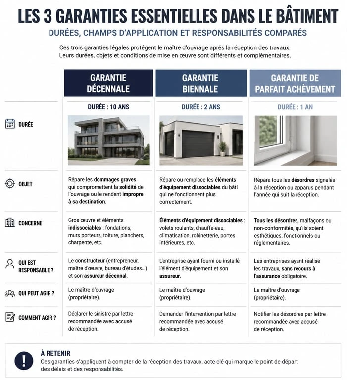 Infographie comparative des garanties décennale, biennale et de parfait achèvement pour travaux