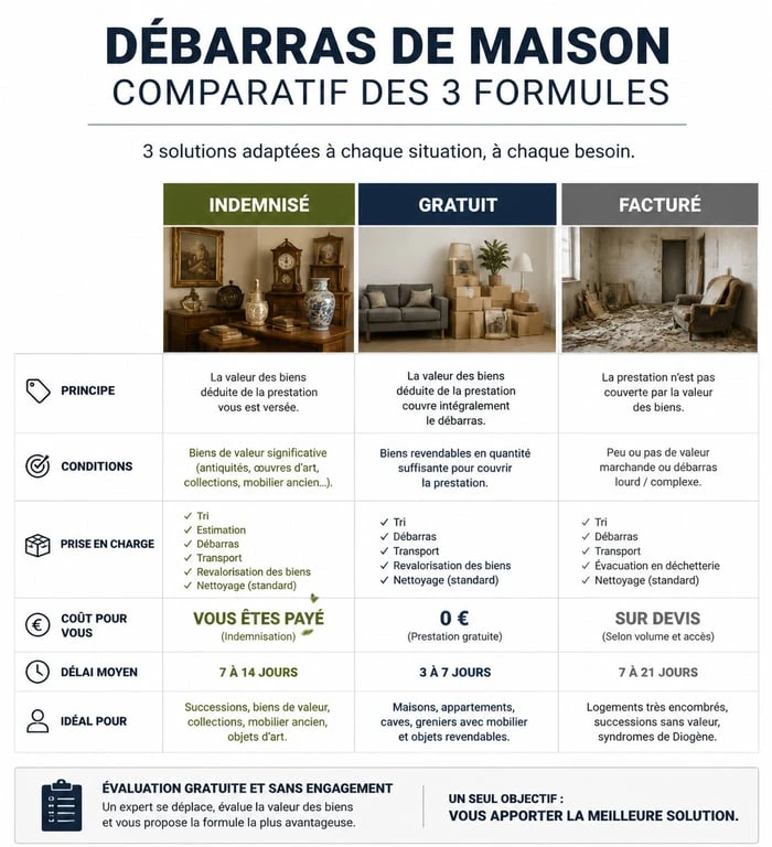Infographie comparative des trois formules de débarras de maison : indemnisé, gratuit et facturé