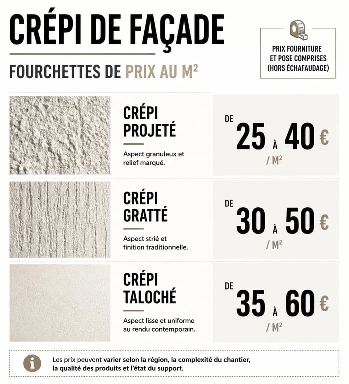 Tableau comparatif des prix au m² pour le crépi d'une maison de 100m2