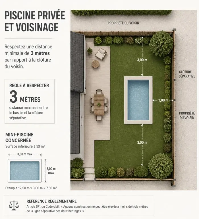 Schéma illustrant la distance légale de 3 mètres pour une piscine de moins de 10m2 par rapport à la limite de propriété