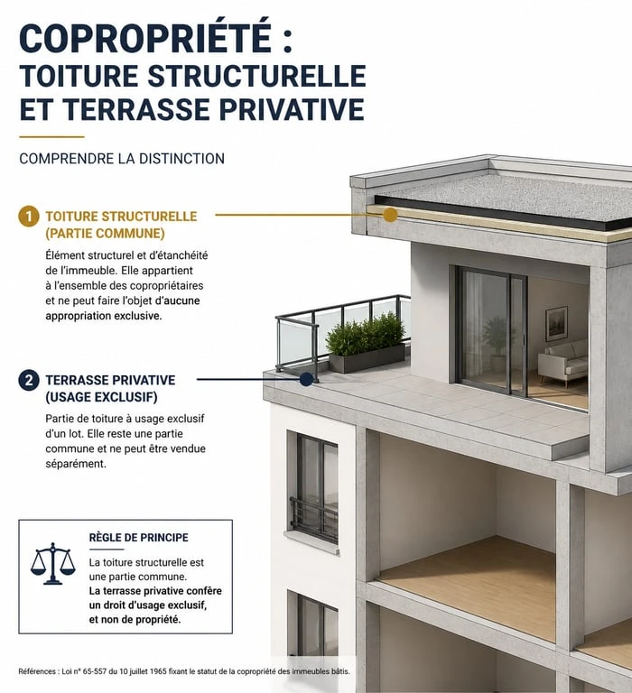 Schéma explicatif de la propriété du toit et des parties communes en copropriété