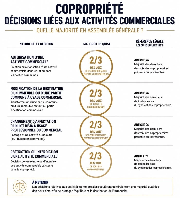 Tableau des majorités de vote pour l'interdiction d'une activité commerciale en copropriété