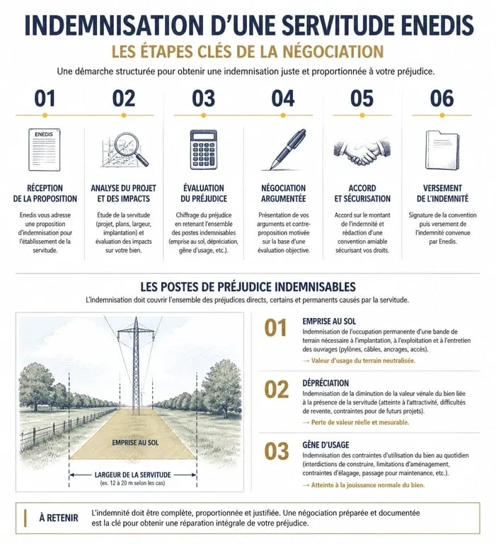 Infographie des étapes de négociation et postes de préjudice pour une indemnisation servitude Enedis