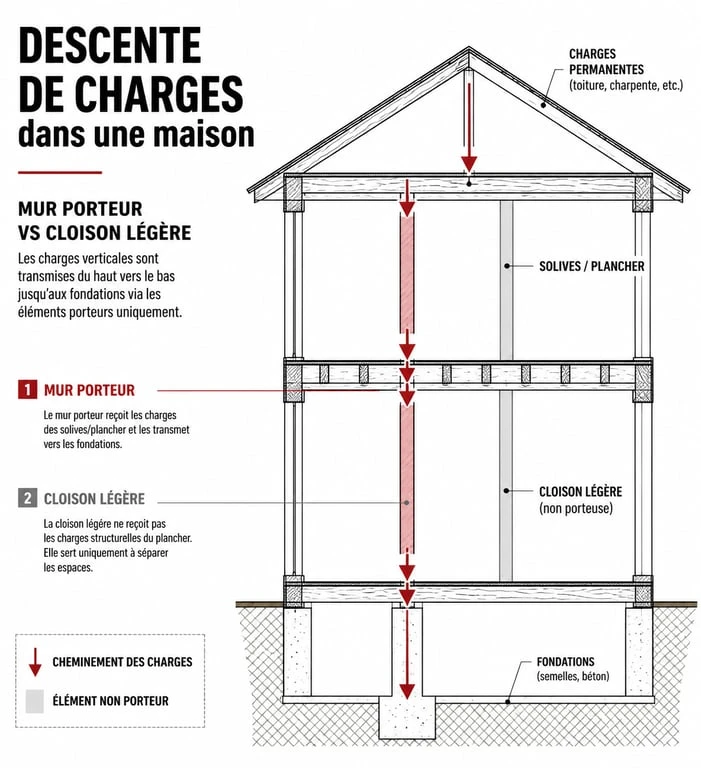 Schéma illustrant la descente de charges pour identifier un mur porteur dans une maison