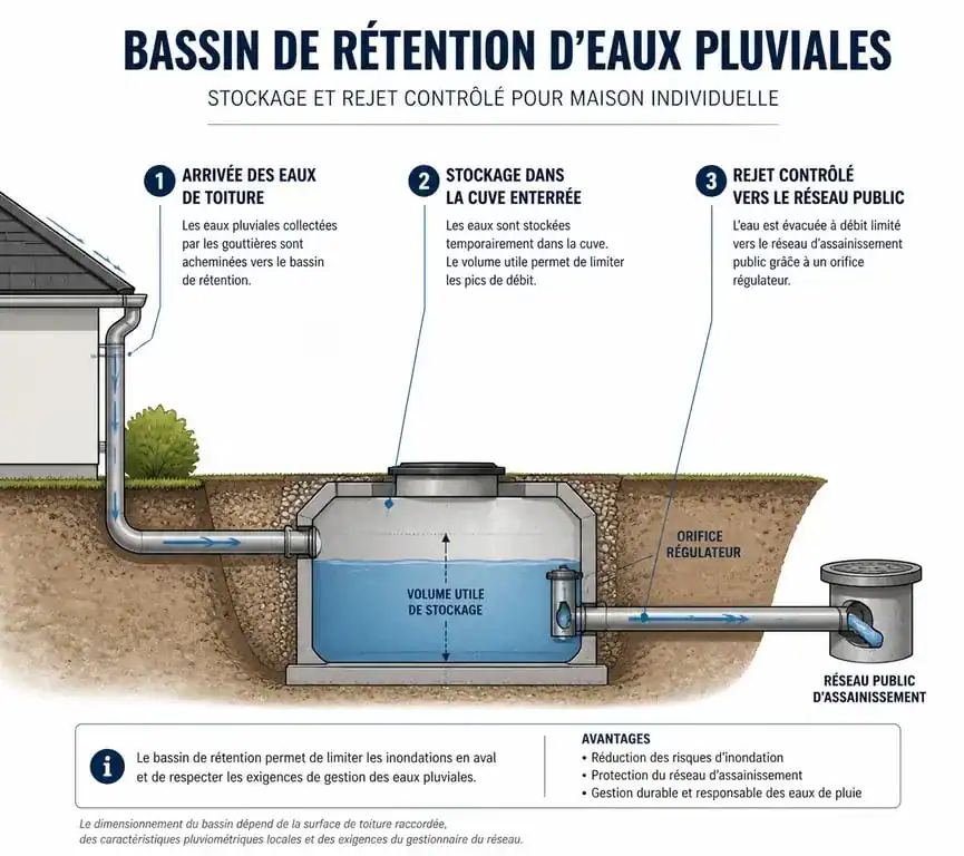 Schéma de fonctionnement d'un bassin de rétention pour maison individuelle