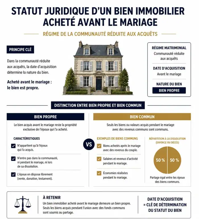 Infographie sur le statut d'un bien immobilier acheté avant mariage et régime de la communauté réduite aux acquêts