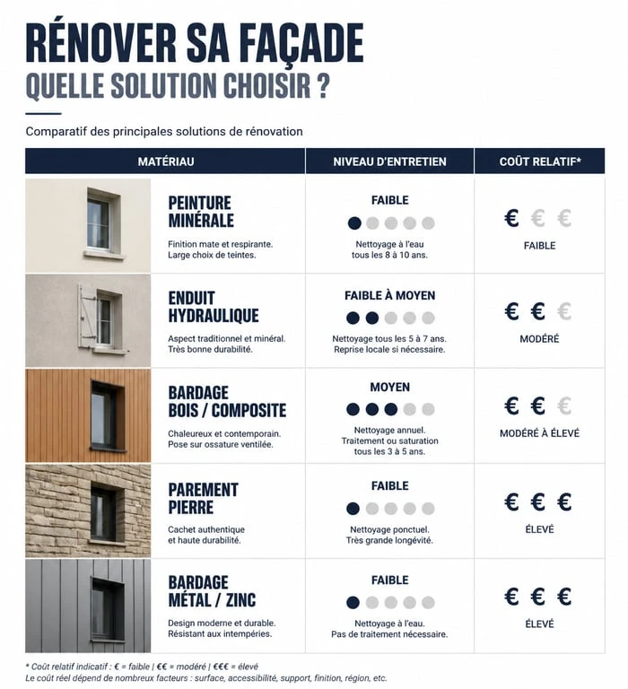 Tableau comparatif des solutions pour rénover ou embellir une façade de maison