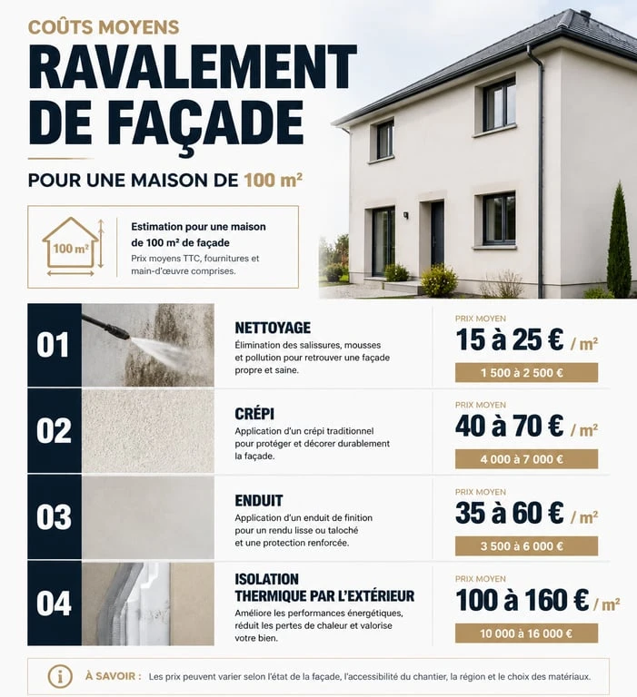 Infographie des prix de ravalement de façade pour une maison de 100m2