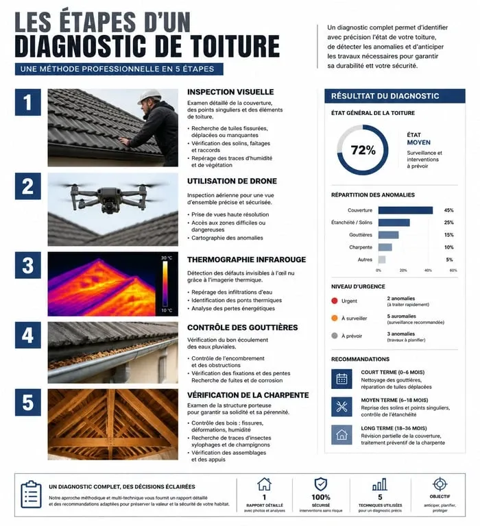 Infographie des étapes d'un diagnostic de toiture professionnel