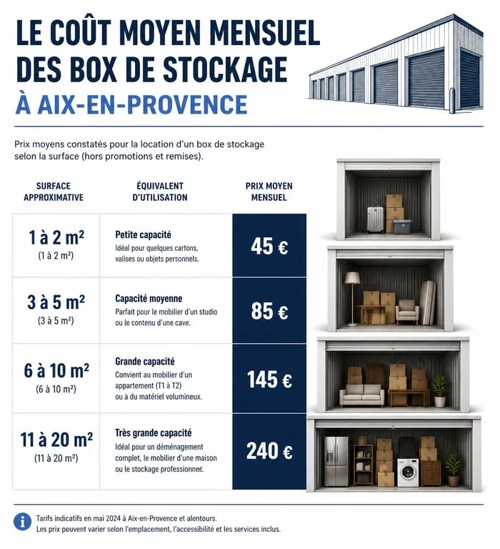 Infographie des tarifs moyens de garde-meuble à Aix-en-Provence par surface