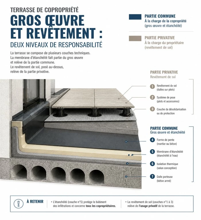 Schéma de répartition des responsabilités pour l'étanchéité d'une terrasse privative en copropriété