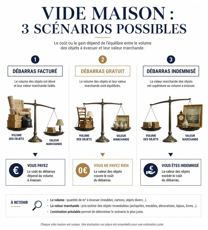 Infographie explicative du fonctionnement du vide maison gratuit : équilibre entre valeur des objets et frais de débarras