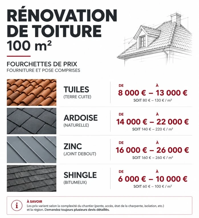 Infographie des prix d'une toiture de 100m2 selon les matériaux