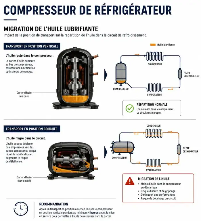 Schéma technique expliquant les risques du transport d'un réfrigérateur couché et la migration de l'huile dans le compresseur