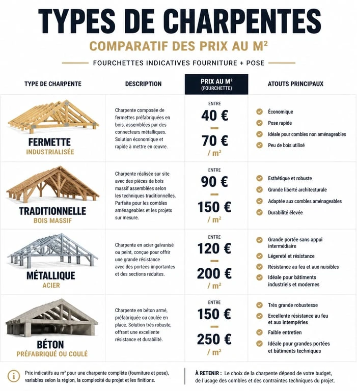 Comparatif des prix au m2 par type de charpente : fermette, traditionnelle, métallique et béton.