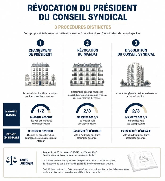 Infographie des procédures de révocation d'un président de conseil syndical autoritaire en copropriété