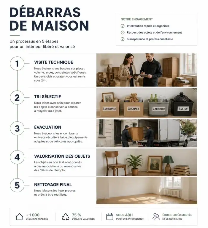 Infographie des 5 étapes d'une intervention par une entreprise qui vide les maisons