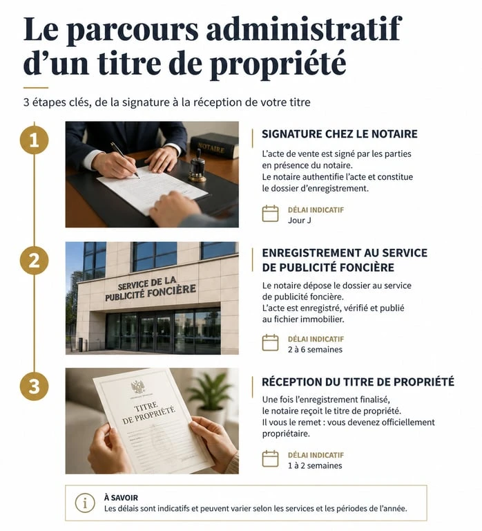 Infographie du parcours d'obtention d'un titre de propriété maison