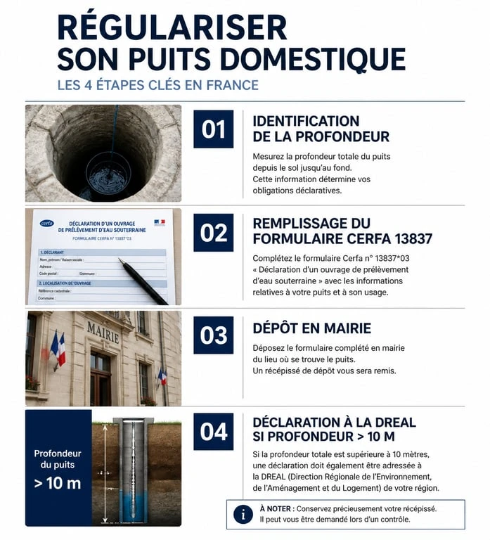 Infographie des étapes de régularisation d'un puits non déclaré lors d'un achat immobilier