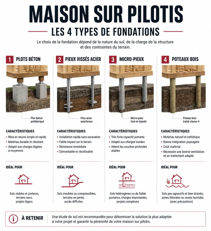 Schéma des types de fondations pour constructeur maison sur pilotis