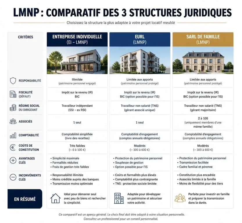 Tableau comparatif des formes juridiques pour le statut LMNP : Entreprise Individuelle, EURL et SARL de famille