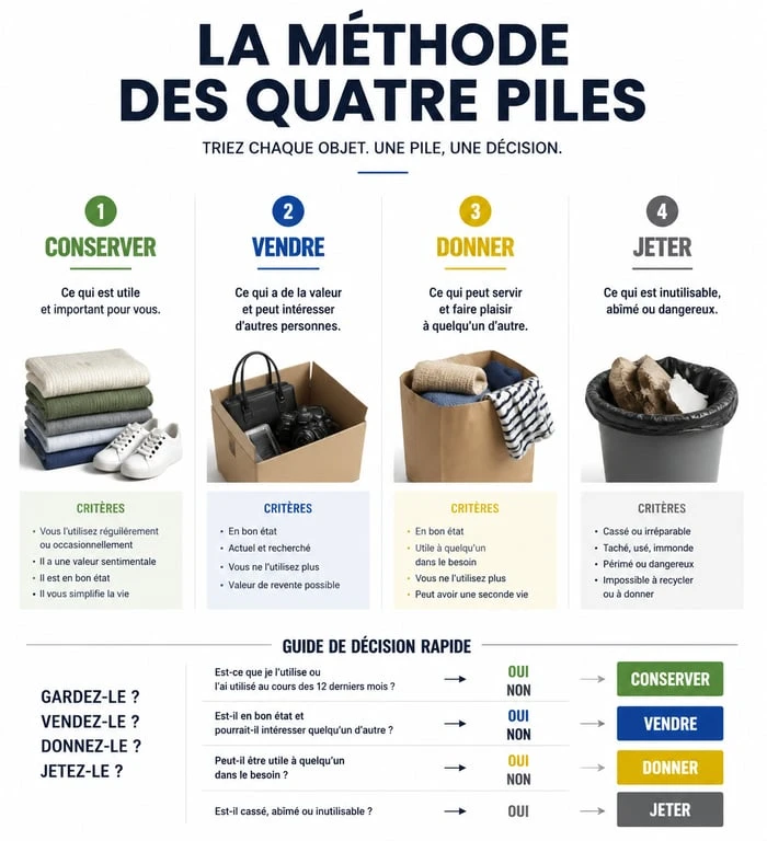 Infographie méthode quatre piles pour vider une maison