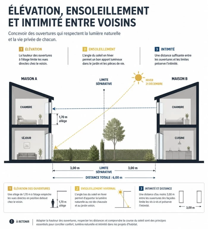 Schéma explicatif des impacts d'une surélévation de maison sur le voisinage : ensoleillement, distances de vue et intimité.