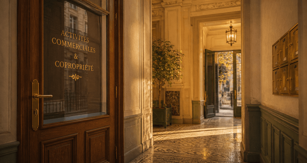 interdiction activité commerciale copropriété devanture commerce fermé et entrée résidentielle
