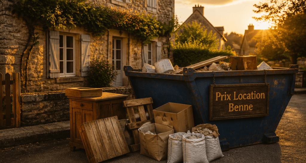prix location benne pour vider maison devant maison en pierre