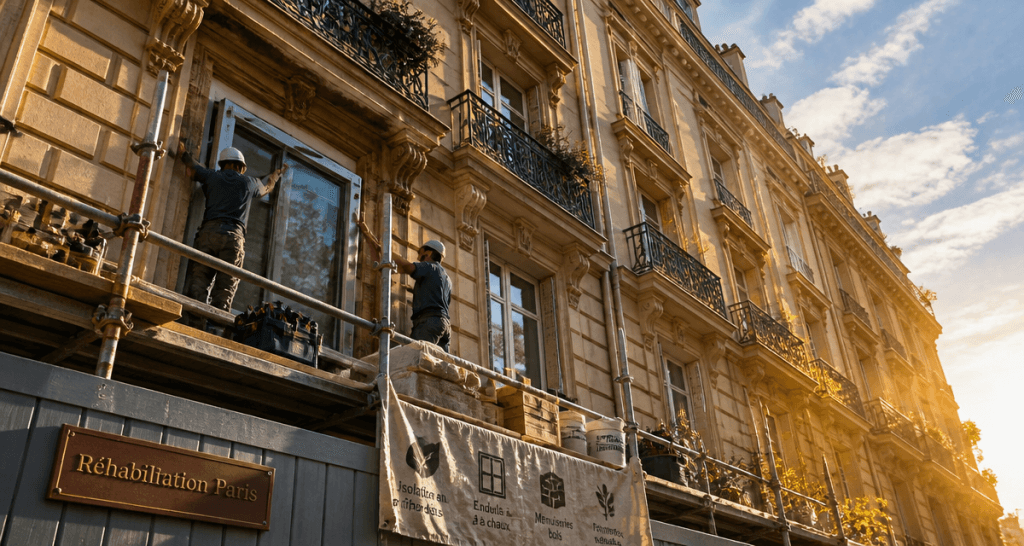 Réhabilitation de bâtiments anciens Paris immeuble haussmannien échafaudage