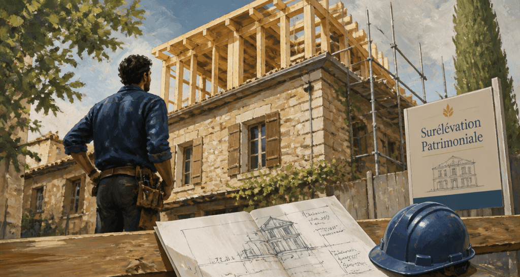 Surélévation maison ancienne artisan et plans sur chantier