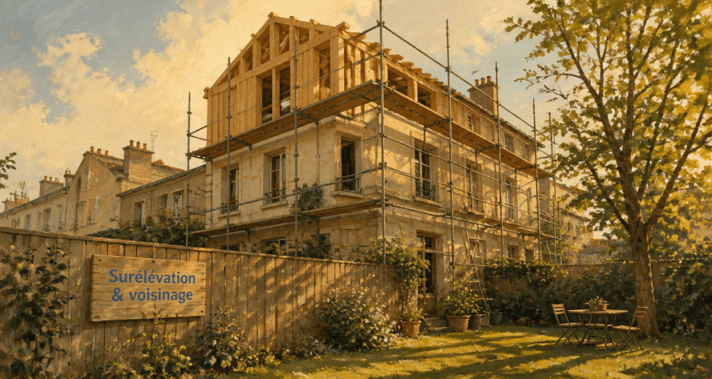 Surélévation maison et voisinage avec échafaudages en ville