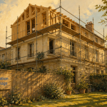 Surélévation maison et voisinage avec échafaudages en ville
