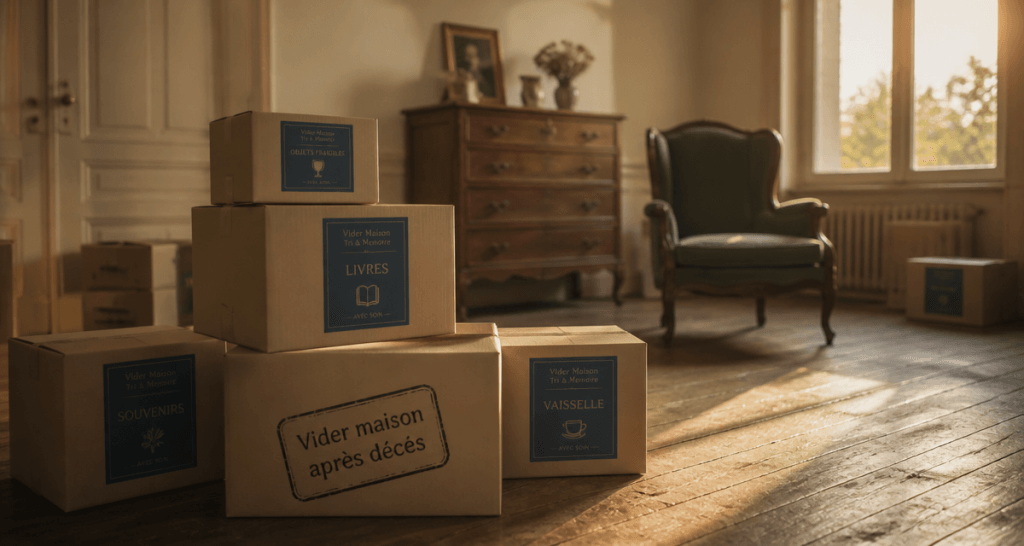 Vider maison après décès, cartons étiquetés sur parquet
