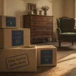 Vider maison après décès, cartons étiquetés sur parquet