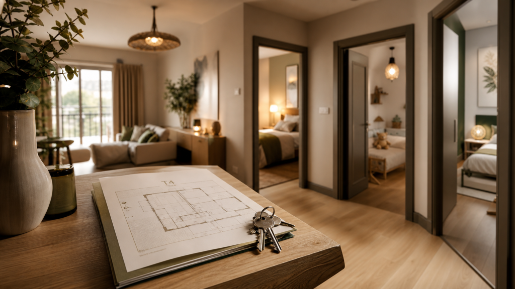 Appartement T4 avec 3 chambres, clés et salon lumineux
