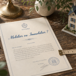 Bien mobilier ou immobilier, objets et acte notarié sur table