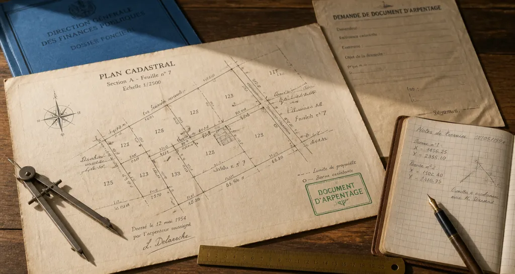 document d arpentage sur bureau ancien