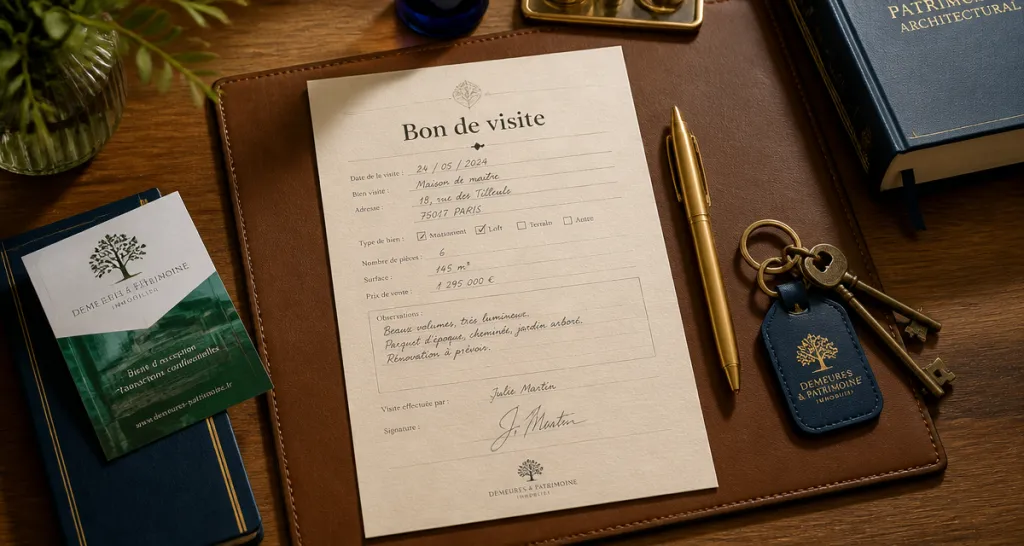 Durée de validité d'un bon de visite agence immobilière, document signé sur bureau