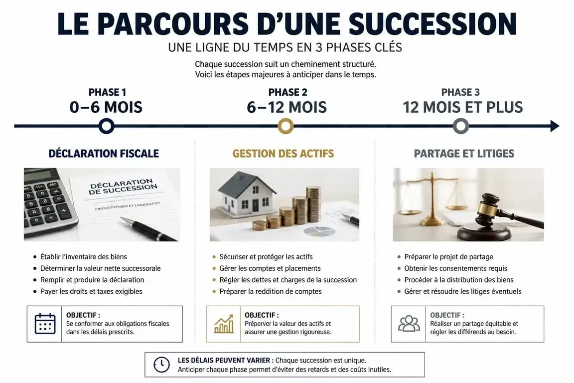 Infographie des délais de succession : étapes clés et durée moyenne du règlement d'une succession