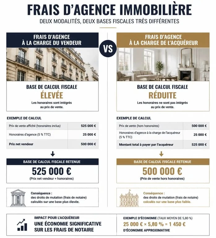 Comparatif des frais de notaire selon la répartition des frais d'agence immobilière