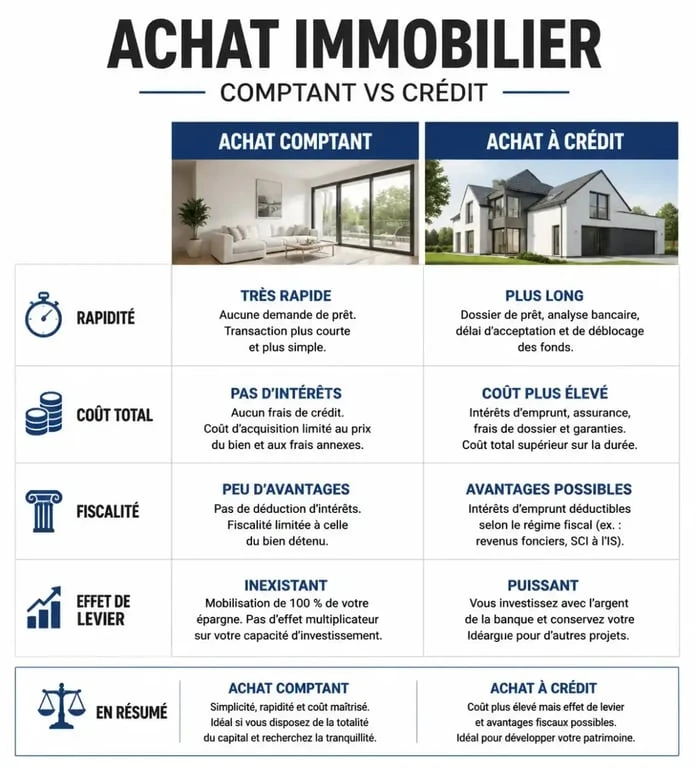 Infographie comparative achat comptant vs achat à crédit pour un projet immobilier
