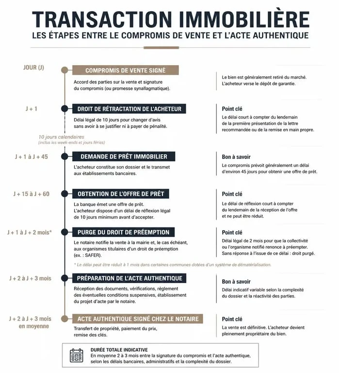 Infographie du délai compromis vente : étapes clés entre la signature et l'acte authentique